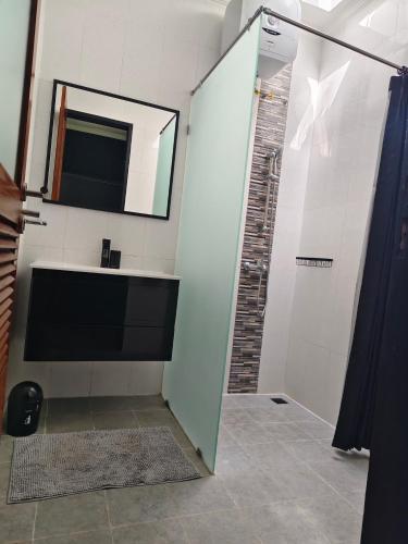 a bathroom with a shower with a sink and a mirror at villa nusantara ungasan in Uluwatu