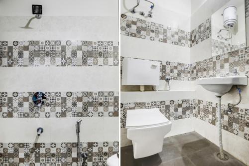 two pictures of a bathroom with a toilet and a sink at Collection O Verena in Indore
