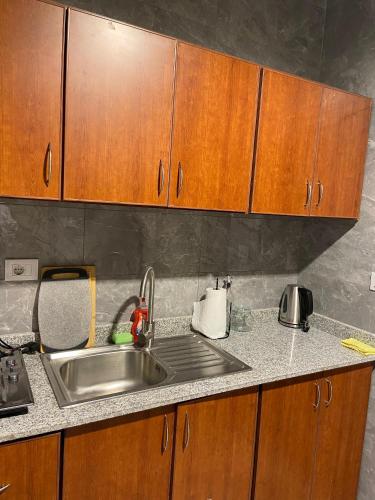 a kitchen counter with a sink and wooden cabinets at Cosy, accessible, comme et sécure in Kinshasa