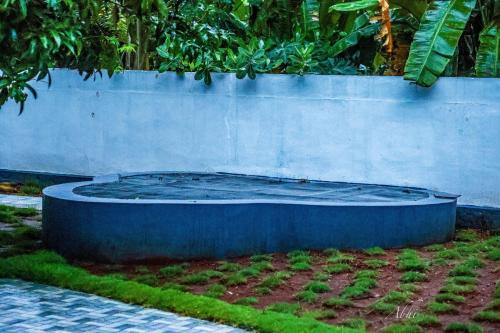 a large blue tub sitting next to a wall at Amrutham Homestay in Trivandrum