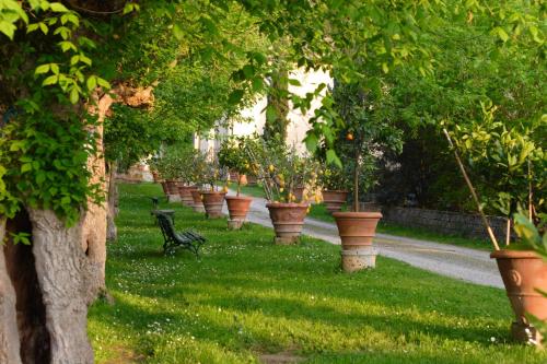a black bench sitting in the grass near some trees at Tenuta Il Tresto in Poggibonsi