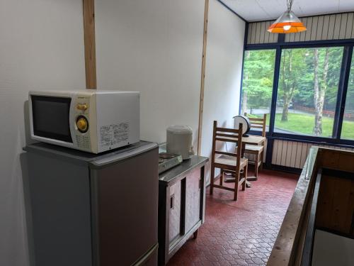 a kitchen with a microwave on top of a refrigerator at Women only B&B KegonFalls in Nikko