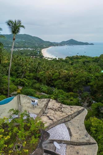 a view of the ocean and a beach with a palm tree at Monkey Flower Villas in Koh Tao