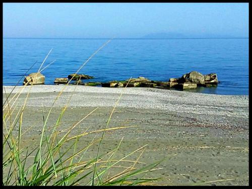 a beach with rocks in the water and grass at Idria B&B in Barcellona-Pozzo di Gotto