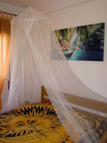a bed with a mosquito net on top of it at Quartos Com Boas Vistas in Ribeira da Gafa