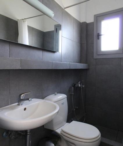 a bathroom with a toilet and a sink and a mirror at Villa Nefeli in Batsi