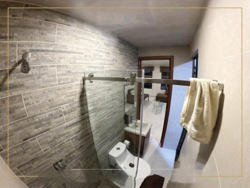 a bathroom with a shower and a toilet in it at Nuevos departamentos en Valle de Bravo in Valle de Bravo