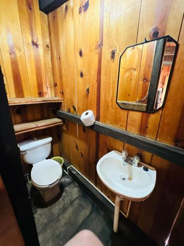 a bathroom with a sink and a toilet and a mirror at El Encanto Residence in Morelia