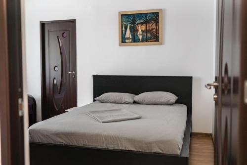 a bedroom with a bed and a picture on the wall at Garsoniera in Mangalia