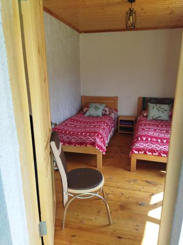 ein Zimmer mit 2 Betten und einem Stuhl darin in der Unterkunft Beso's in Mestia