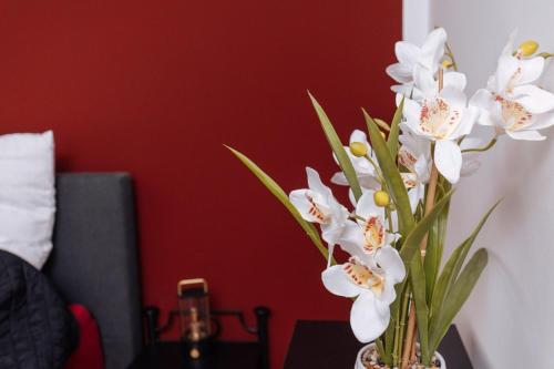 a vase filled with white flowers on a table at vivid & red - Netflix - City - Wifi - 4 Person in Essen