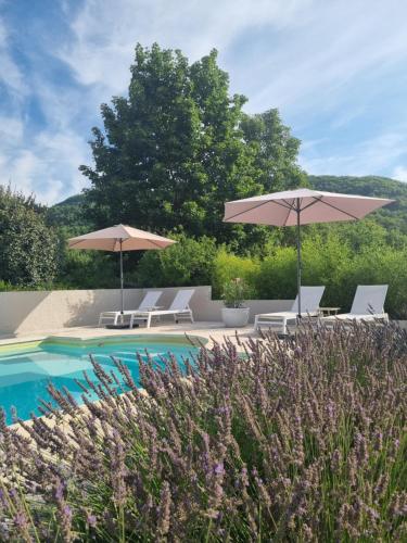 a swimming pool with two umbrellas and two chairs and a pool at Mas Tulipe de Soie in Bevons
