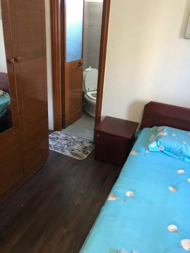 a bedroom with a bed and a bathroom with a toilet at Apartament Priam in Golem