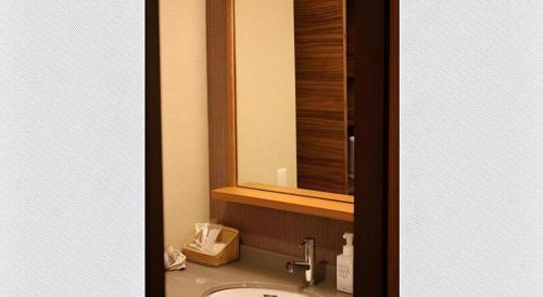a bathroom with a sink and a mirror at Kyoto Keburikawa Hotel in Kameoka