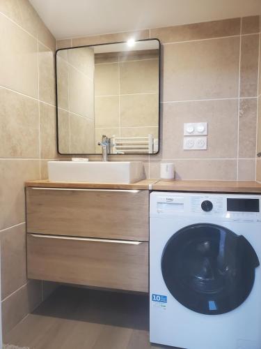 a bathroom with a washing machine and a sink at Le Cosy, Calme, parking, centre Gémozac in Gémozac