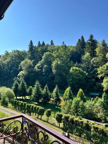 a view of a garden with trees and a bench at Gospodarstwo Agroturystyczne Na Górce pokój 8 in Myczkowce