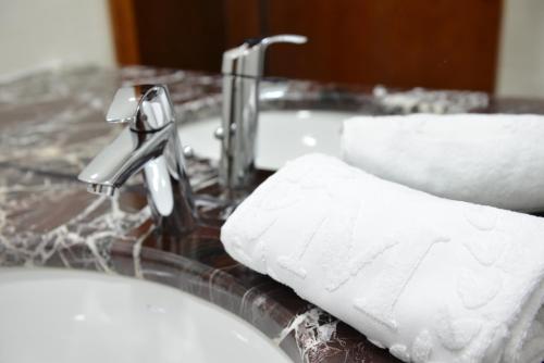 a close up of a bathroom sink with a roll of paper towels at Hotel Mellain in Tuzla