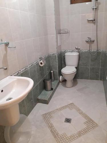 a bathroom with a toilet and a sink at Семеен хотел Вермона in Primorsko