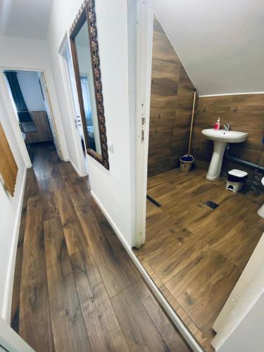 a hallway of a house with a sink and a mirror at Cabana Revnic in Băişoara