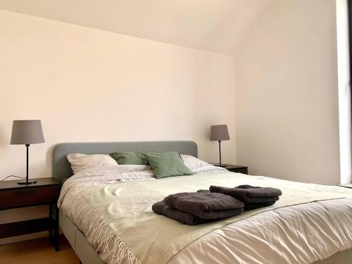 a bedroom with a large bed with two pillows on it at Maison Horizon in Ocquier