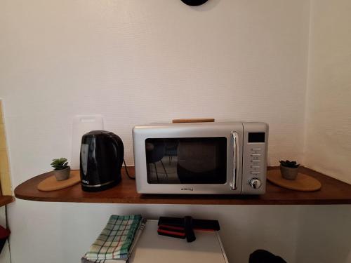 a microwave sitting on top of a wooden shelf at Le Champigny in Champigny-sur-Yonne