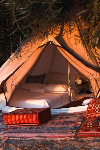 a tent with a bed and a book in it at Butterfly Valley Seaside Glamping in Oludeniz