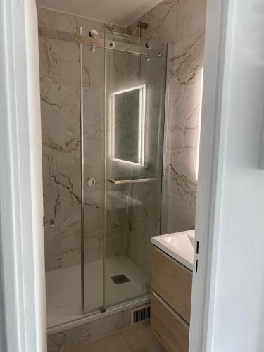 une douche avec une porte vitrée dans une salle de bain dans l'établissement Appartement Viroflay proche Versailles, à Viroflay