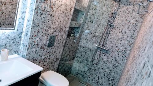 a bathroom with a shower with a toilet and a sink at Jasmine Apartments in Lefkada Town