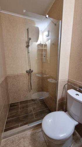ein Badezimmer mit Toilette und Glasdusche in der Unterkunft Two room apartment in Etara 3, Sveti Vlas in Sweti Wlas