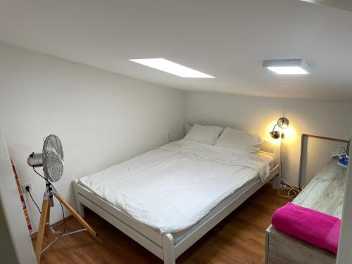 a bedroom with a white bed and a fan at Mountain View in Bar