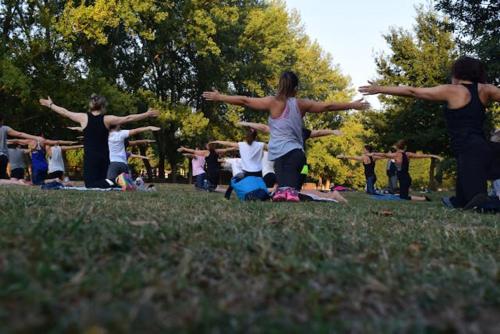 a group of people doing yoga in a park at Casa Oliva borgo del Benessere Olistico in Bargni