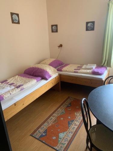 two beds in a room with a table and a table and chairs at Penzion Vila Křenov in Bernartice