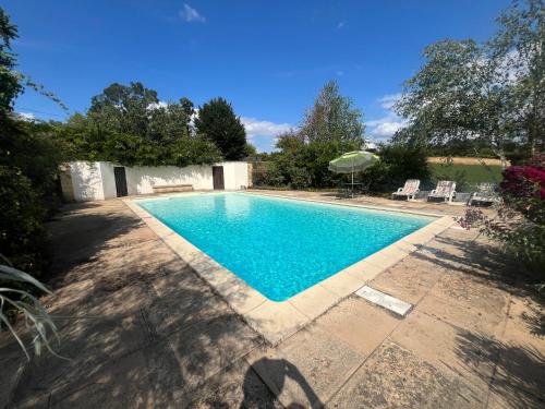 une piscine avec de l'eau bleue dans une cour dans l'établissement La Fleurie, à Marquay