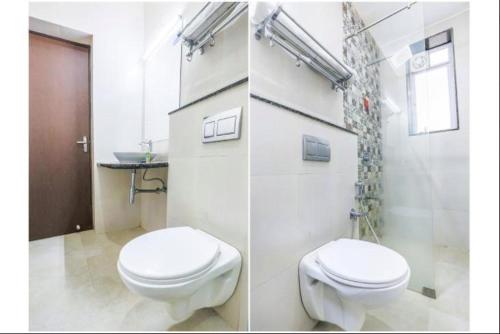 two pictures of a bathroom with a toilet and a shower at Resort de alcazar in Calangute