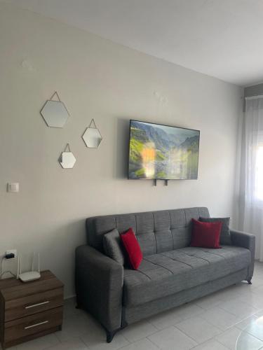 a living room with a gray couch with two red pillows at Nemesis in Litochoro