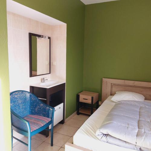a bedroom with a bed and a sink and a mirror at Domaine Fontcouverte in Lalouvesc
