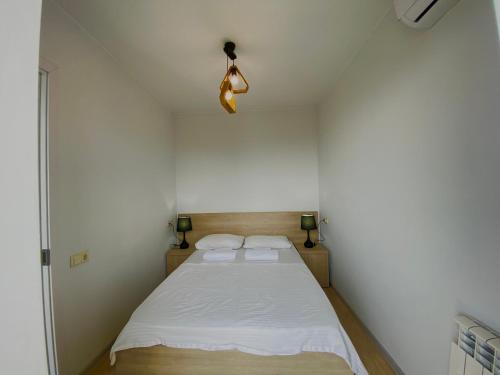 a bedroom with a bed with two pillows at Green House - Apartment with Separate Room and Sea View in Batumi