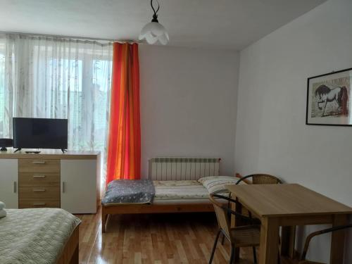 a bedroom with a bed and a desk and a table at Pokoje gościnne Jacek in Polańczyk