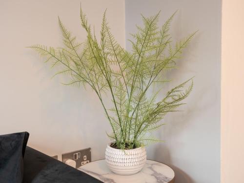 a plant in a white vase sitting on a table at Central Birmingham Apartment with Balcony & Netflix in Birmingham