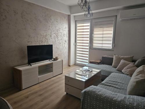 a living room with a couch and a flat screen tv at Zen Central Gevgelija in Gevgelija