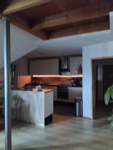 a large kitchen with a counter in a room at FW zur Gemütlichkeit in Hirschaid