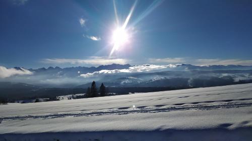 a snow covered slope with the sun in the sky at Dom na Pawlikach in Rzepiska