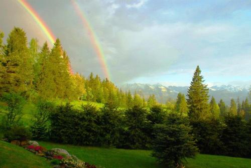 a rainbow in the sky over a field with trees at Dom na Pawlikach in Rzepiska