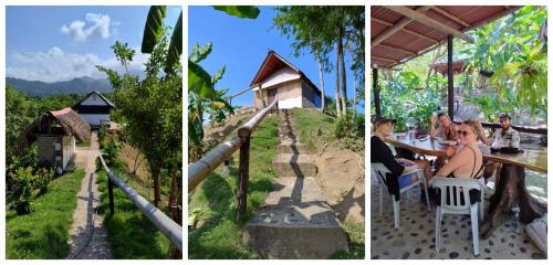 three pictures of people sitting at a table at a resort at HOSTAL MIRADOR dentro del parque tayrona in El Zaino