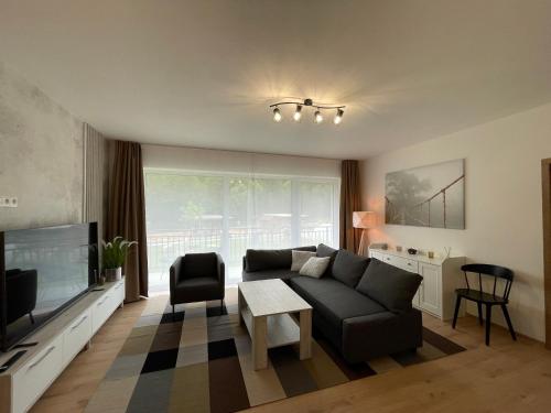a living room with a couch and a tv at Brezovina Breza B115 in Veselé