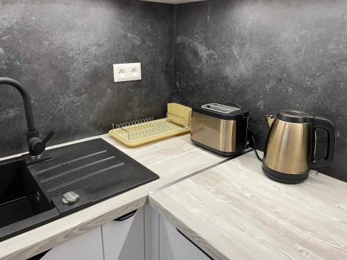 a kitchen counter with a coffee maker and a toaster at Brezovina Breza B115 in Veselé