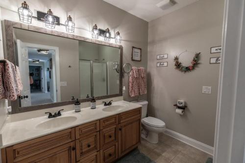 a bathroom with a sink and a toilet and a mirror at Majestic views of Mountains and Water- The Perch in Lake Lure