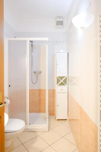 a bathroom with a shower and a toilet at Residenza Garibaldi in Molveno