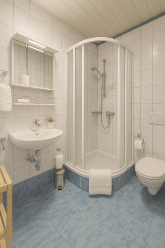 a bathroom with a shower and a toilet and a sink at Appartementhaus Flattach Goritschnig in Flattach