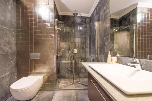 グダニスクにあるGdańsk Comfort Apartmentsのバスルーム(シャワー、トイレ、シンク付)